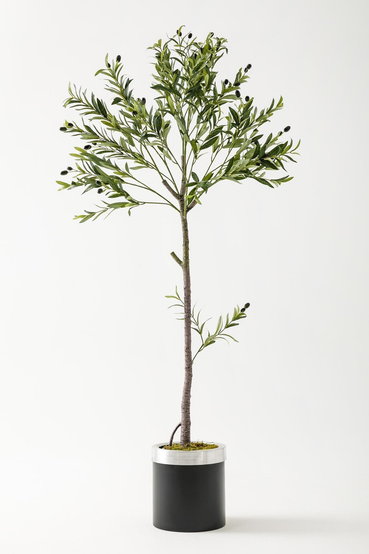 Güleç Yapay Çiçek Yapay Zeytin Ağacı 160 Cm Siyah Gümüş Metal Saksı