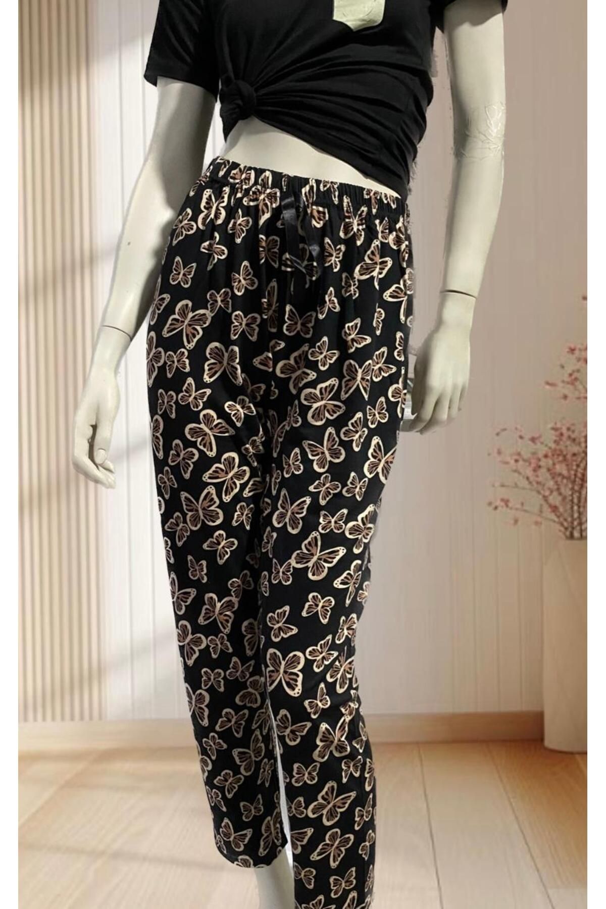 Oğuzhan Tekstil Kadın Siyah Kelebek Desen İnce Pijama Altı/Cepsiz