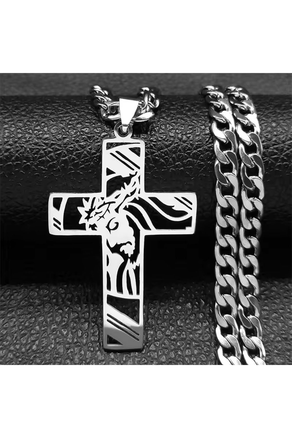 N!da Jewelry Taç Dikenli İsa Figürlü Gümüş Renk Kolye – Figaro Zincirli Unisex Takı