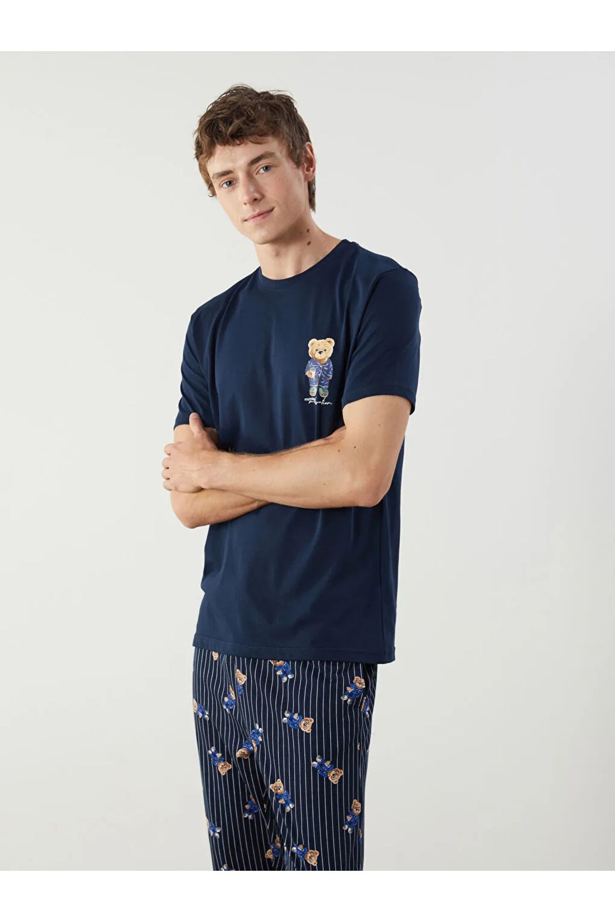 LC Waikiki Lacivert Standart Kalıp Ayı Teddy Baskılı Erkek Pijama Takımı