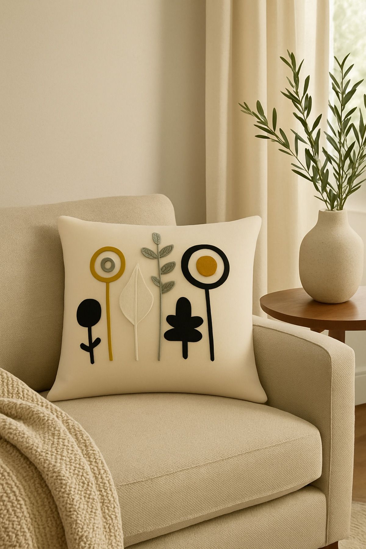Salvia Dione 43x43 cm Geometrik Desenli Dekoratif Kırlent Kılıfı - Modern Bohem Yastık Kılıfı - Krem Renk