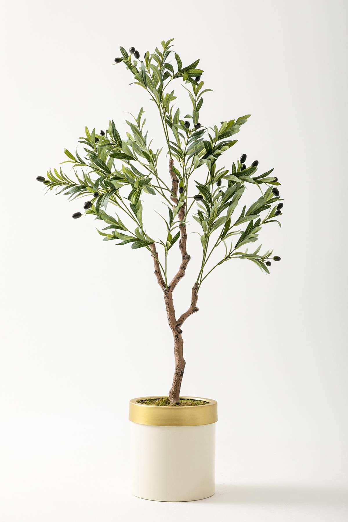 Güleç Yapay Çiçek Yapay Zeytin Ağacı 120 Cm Krem Gold Metal Saksı