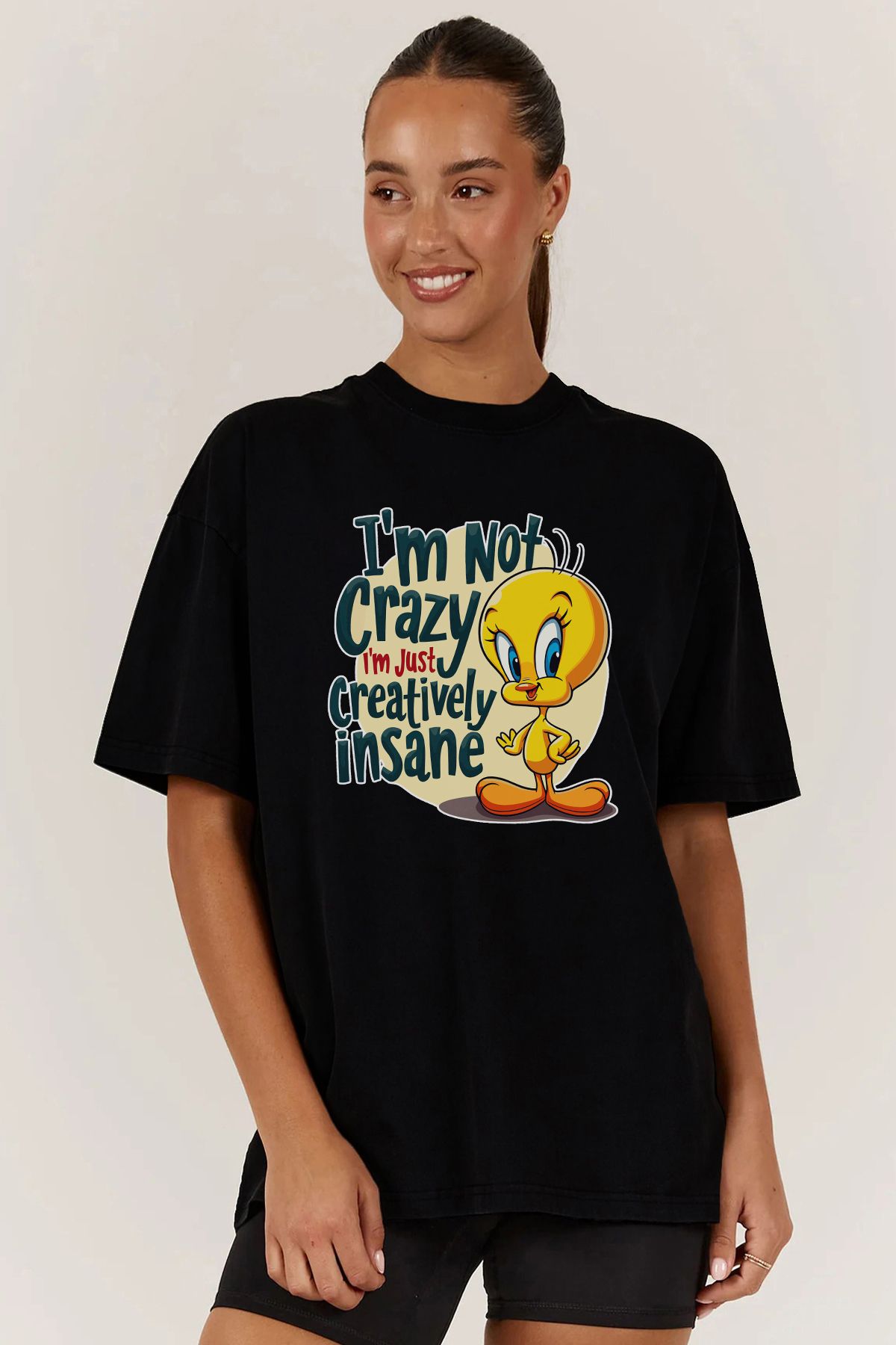 MODA Tweety Baskılı Oversize Kalıp Siyah Geniş Bol Kesim Kadın Tişört