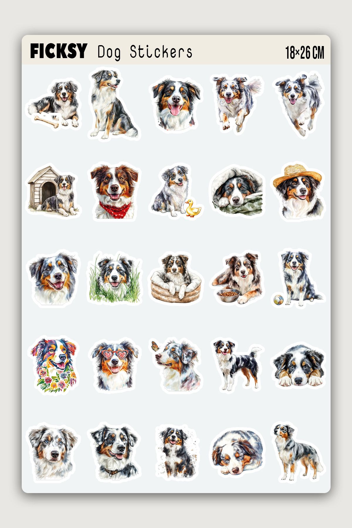 Ficksy Australian Shepherd Köpek Sticker Seti - 50 Adet Etiket Çıkartma