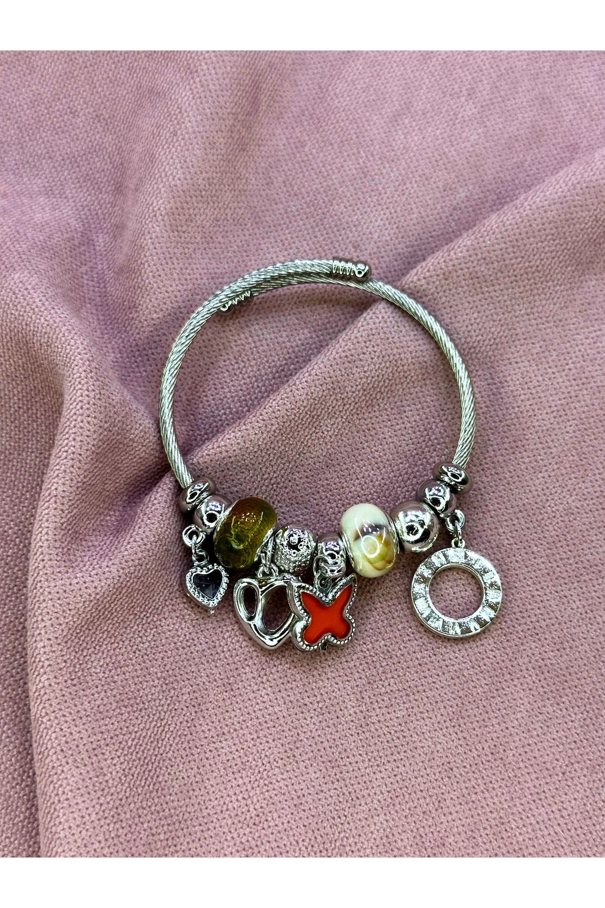 AYZENA Kalp / Turuncu Kelebek Charm Detaylı Çelik Bileklik