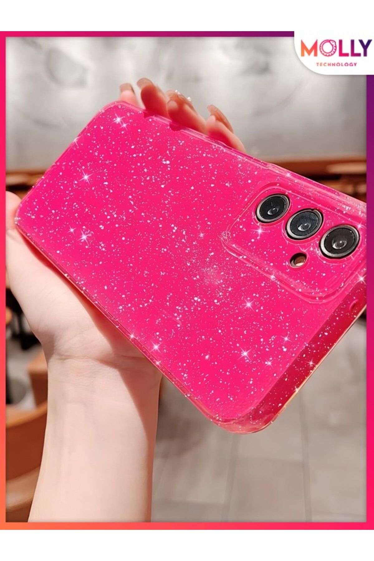 Molly Samsung Galaxy A16 İçin Neon Pembe Berry Simli ve Parıltılı Parlak Silikon Kılıf