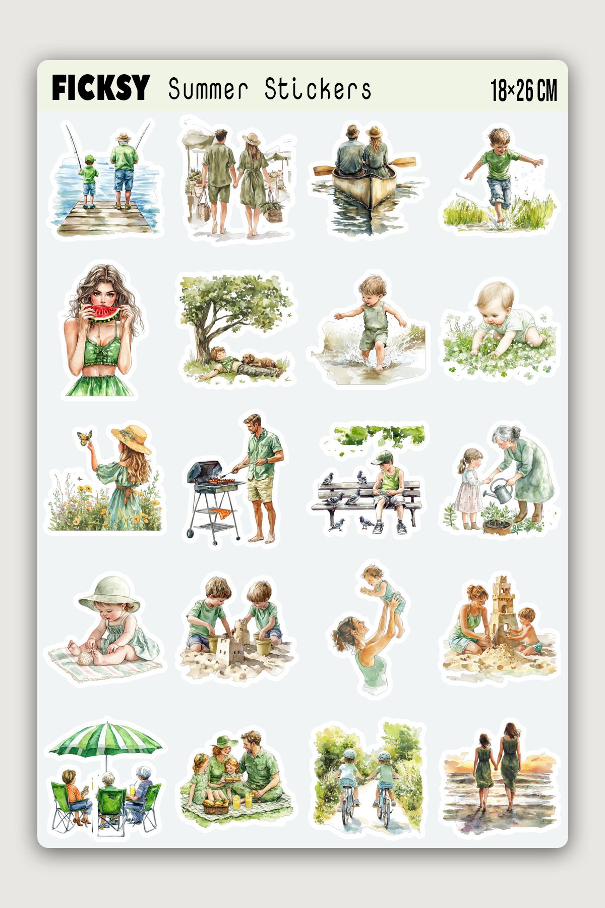 Ficksy Doğa Temalı Yaz Ailesi Sticker Seti - 20 Adet Etiket Çıkartma