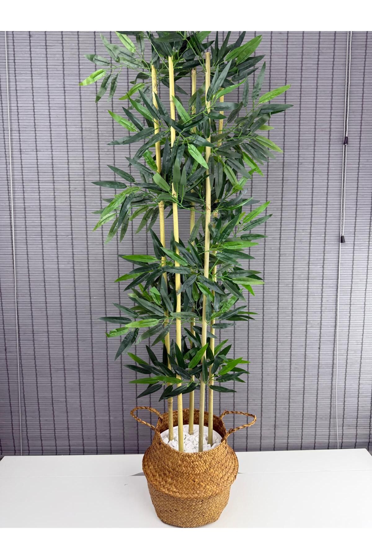 Bahçem Dekoratif Yapay Yapraklı 160cm 5 Gövde Katlanır Natural Hasır Bambu Sepetli Bambu Ağacı