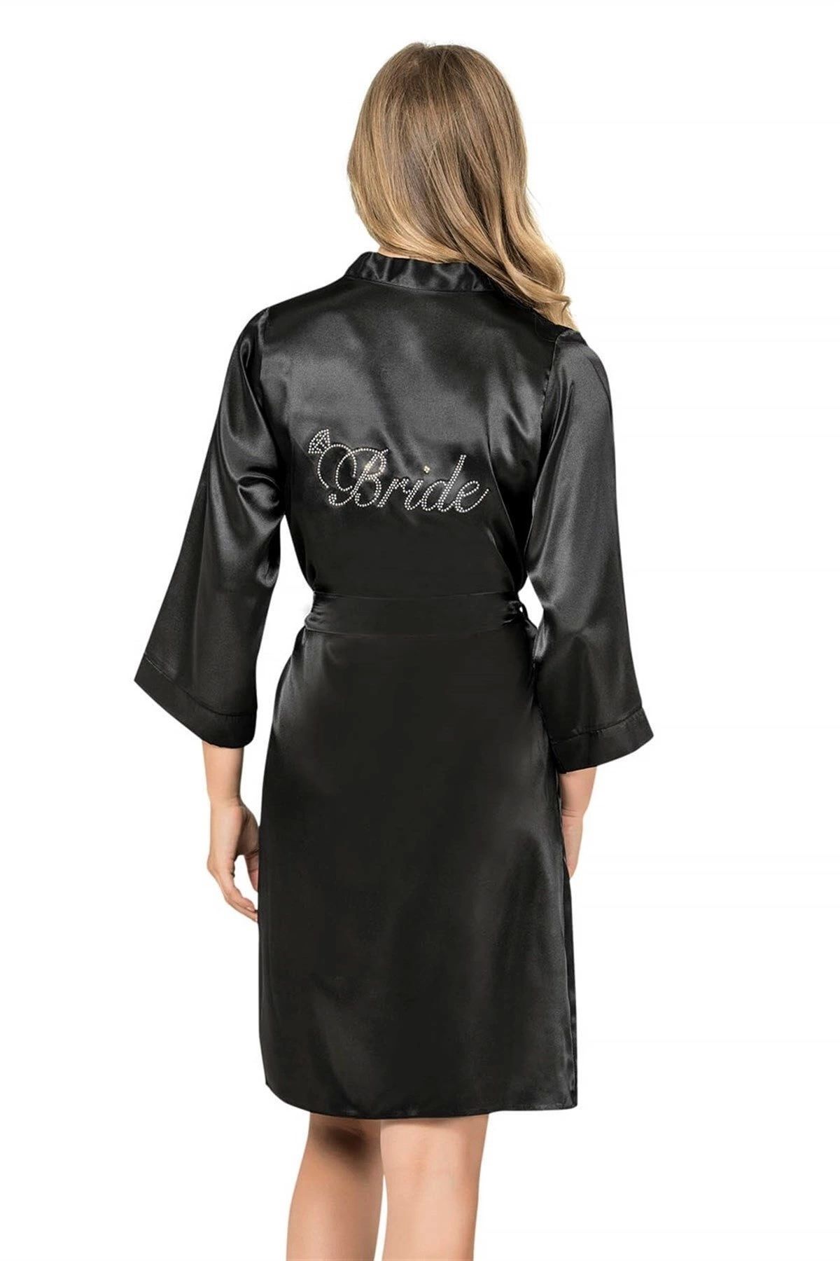 GiyimCity Miss Siyah Kısa Saten Bride Sabahlık