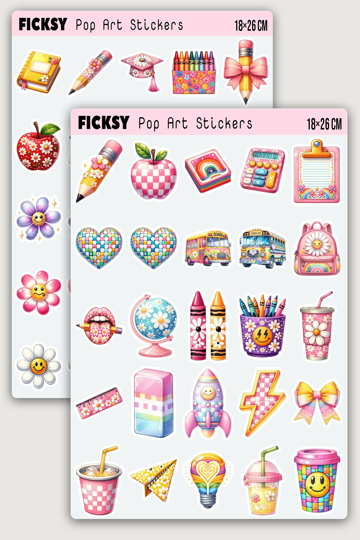 Ficksy Okul Temalı Sticker Seti - 50 Adet Öğrenci Etiket Çıkartma