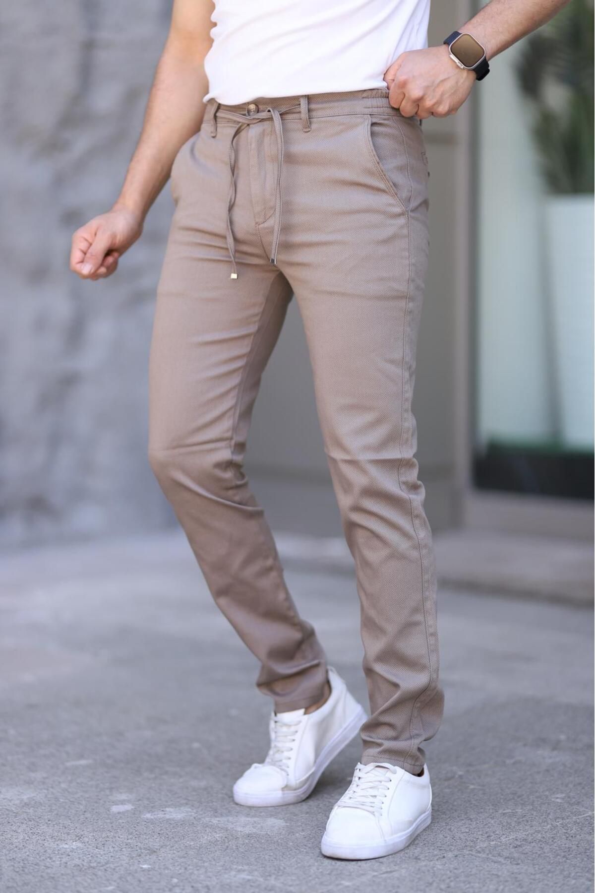 XORVİO Erkek Slim Fit Esnek Likralı Armürlü Keten Bağcıklı Şık Kaliteli Pantolon