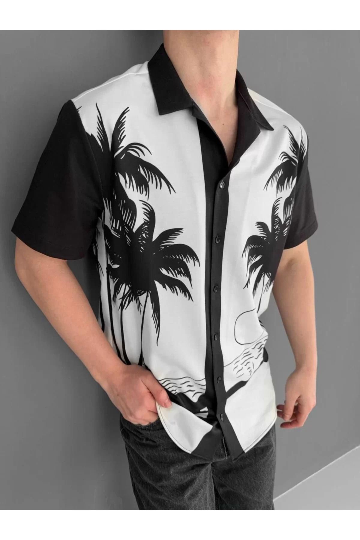 BBbutik Palmiye Desenli iki iplik Kumaş Gömlek Basklı - Erkek