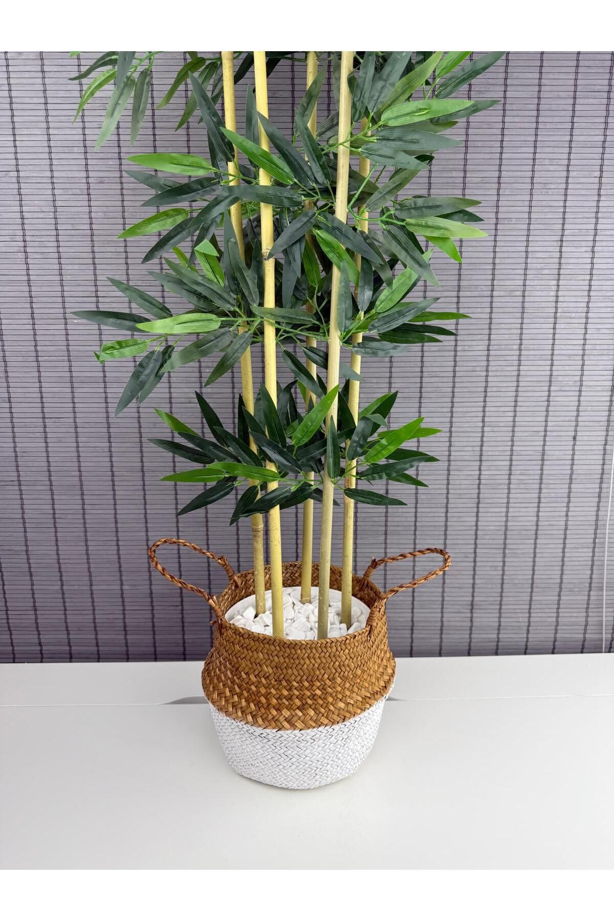Bahçem Dekoratif Yapay Yapraklı 160cm 5 Gövde Katlanır Natural-Beyaz Hasır Bambu Sepetli Bambu Ağacı