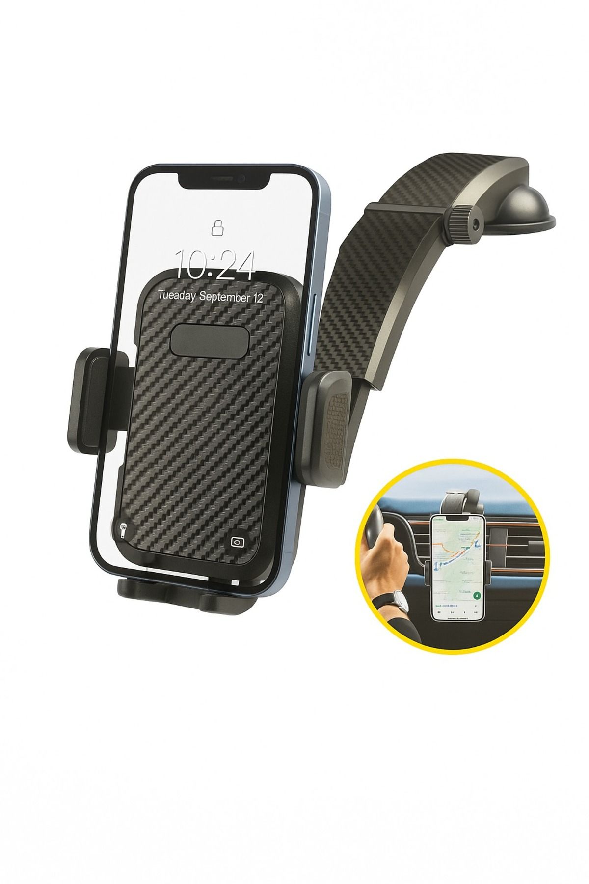 Canpay Oto Araba Araç İçi Telefon Tutucu Karbon Fiber Görünümlü, Cam & Torpido İçin Vantuzlu Güçlü Tutucu