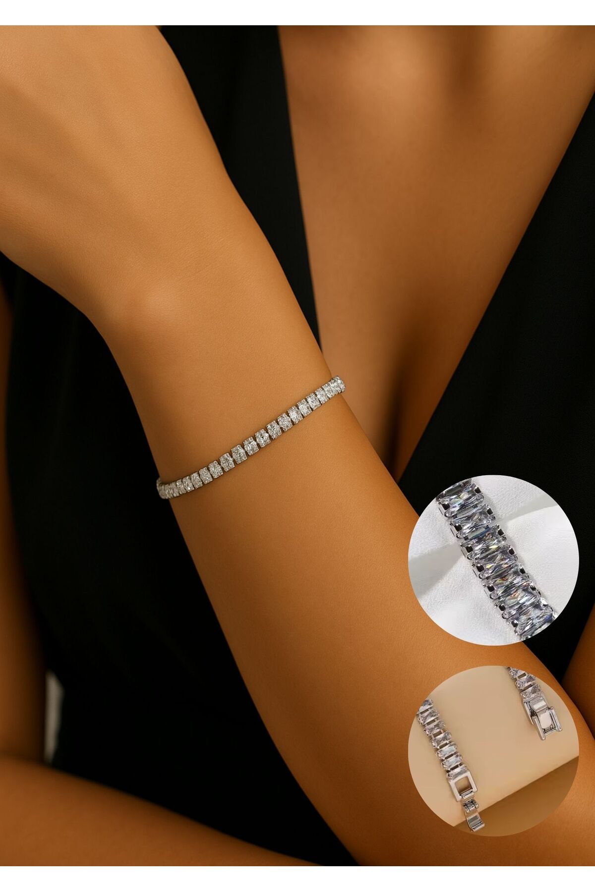 La Clarte Kararmaz Gümüş Renk Zirkon Baget Taşlı Su Yolu Kadın Çelik Bileklik – Işıltılı Tasarım 5mm