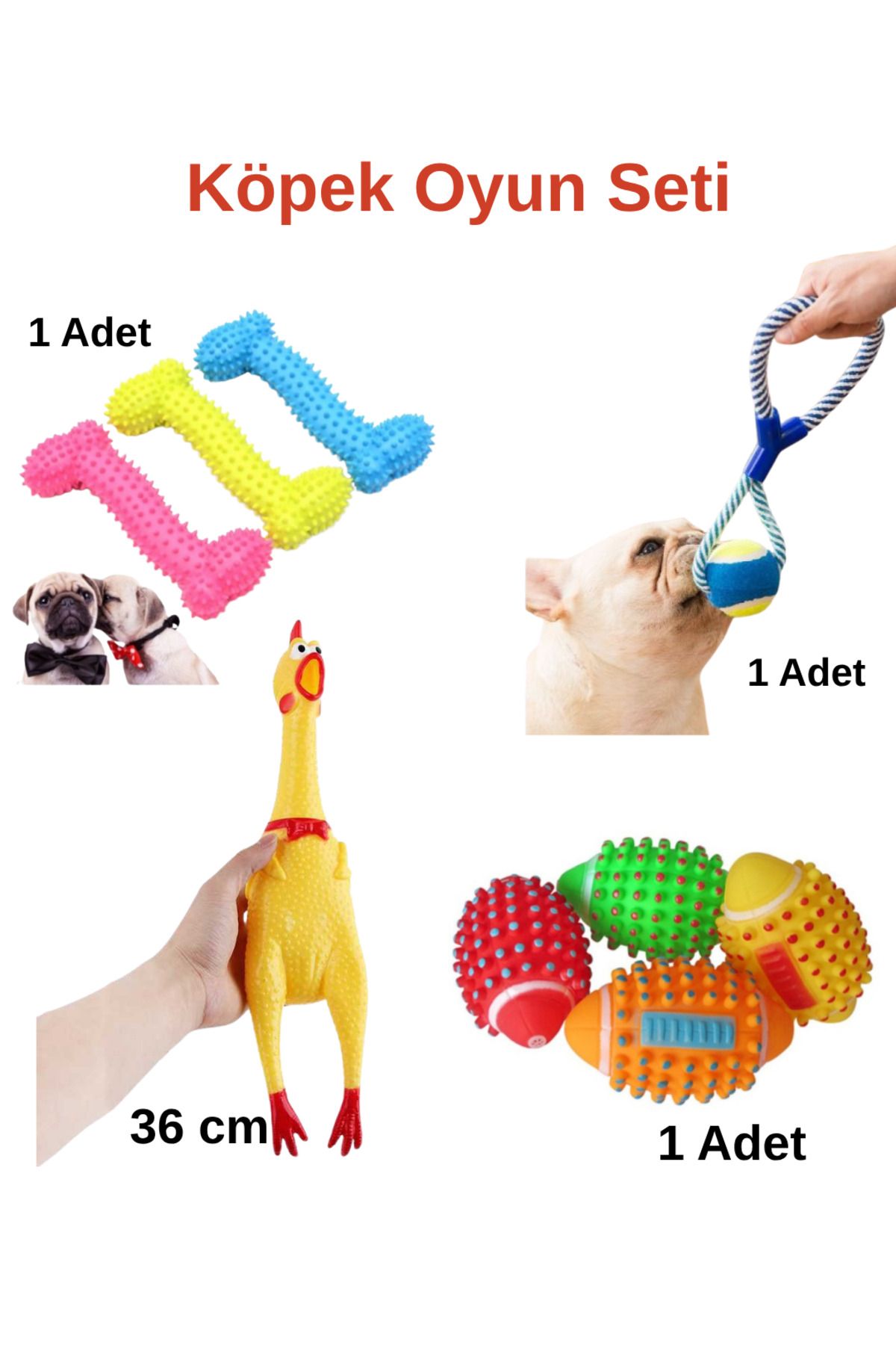 Home Köpek Oyun Seti-Sesli Tavuk Oyuncak 36 cm-Halatlı Top-Kemik Diş Kaşıma-Sesli Diş Kaşıma Topu