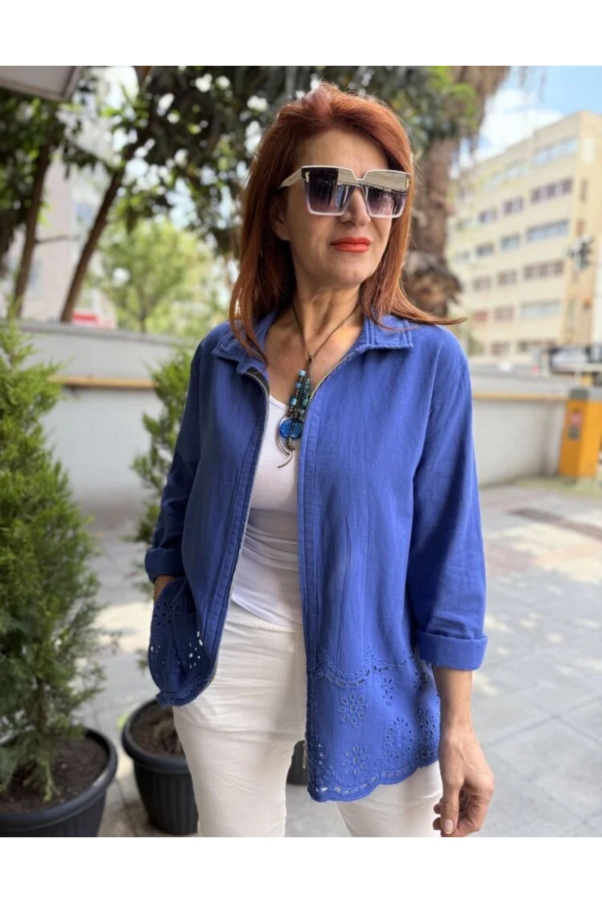 DenizEge Eteği Güpür Fermuarlı Ceket İndigo Lacivert