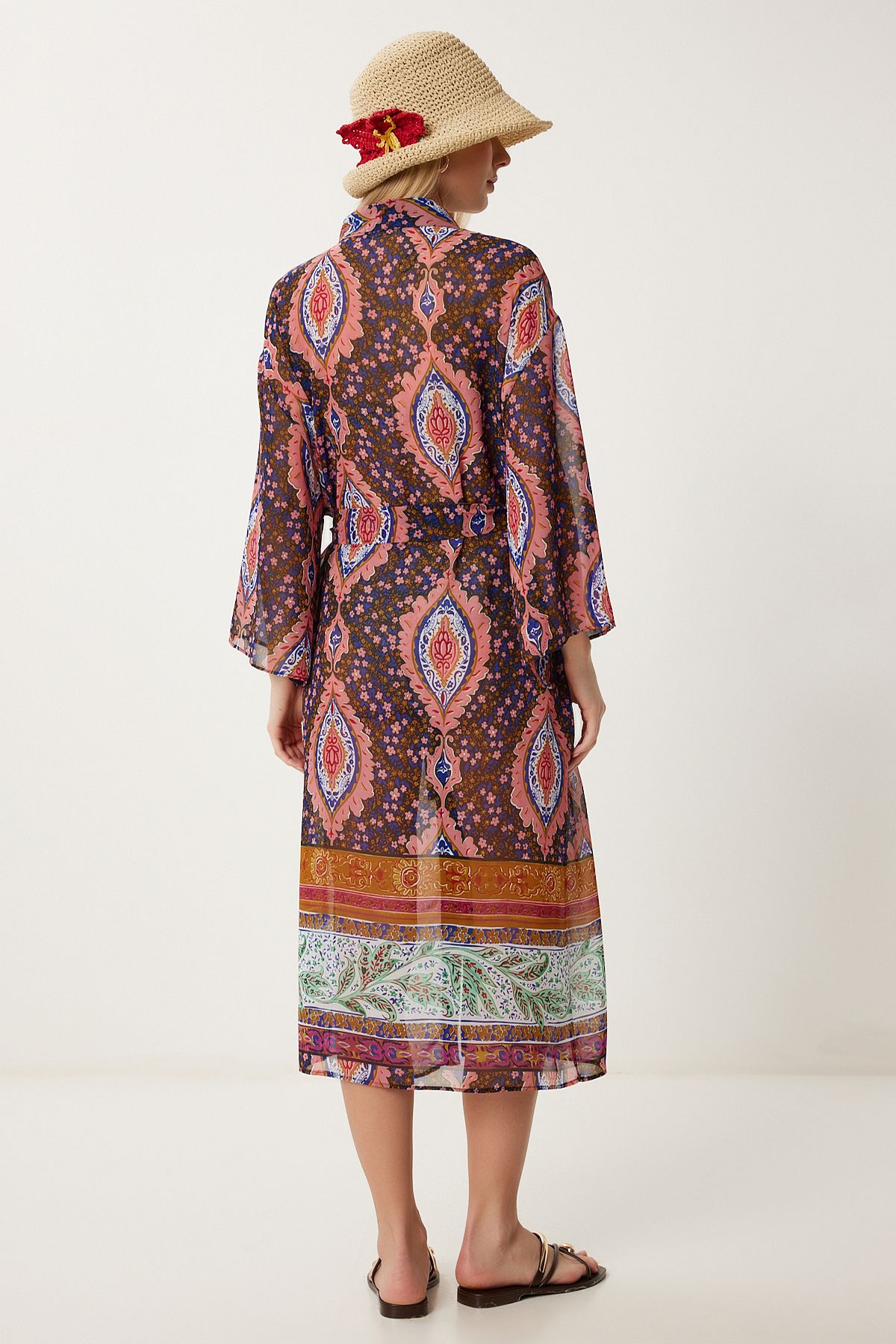 Kadın Gül Kurusu Siyah Desenli Kuşaklı Şifon Kimono FG00022