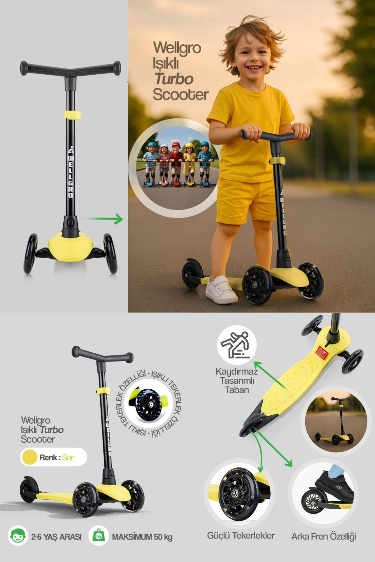 Wellgro Işıklı Scooter, Ayarlanabilir yükseklik, Ön Tekerleri Işıklı Çocuk Scooter, Sarı