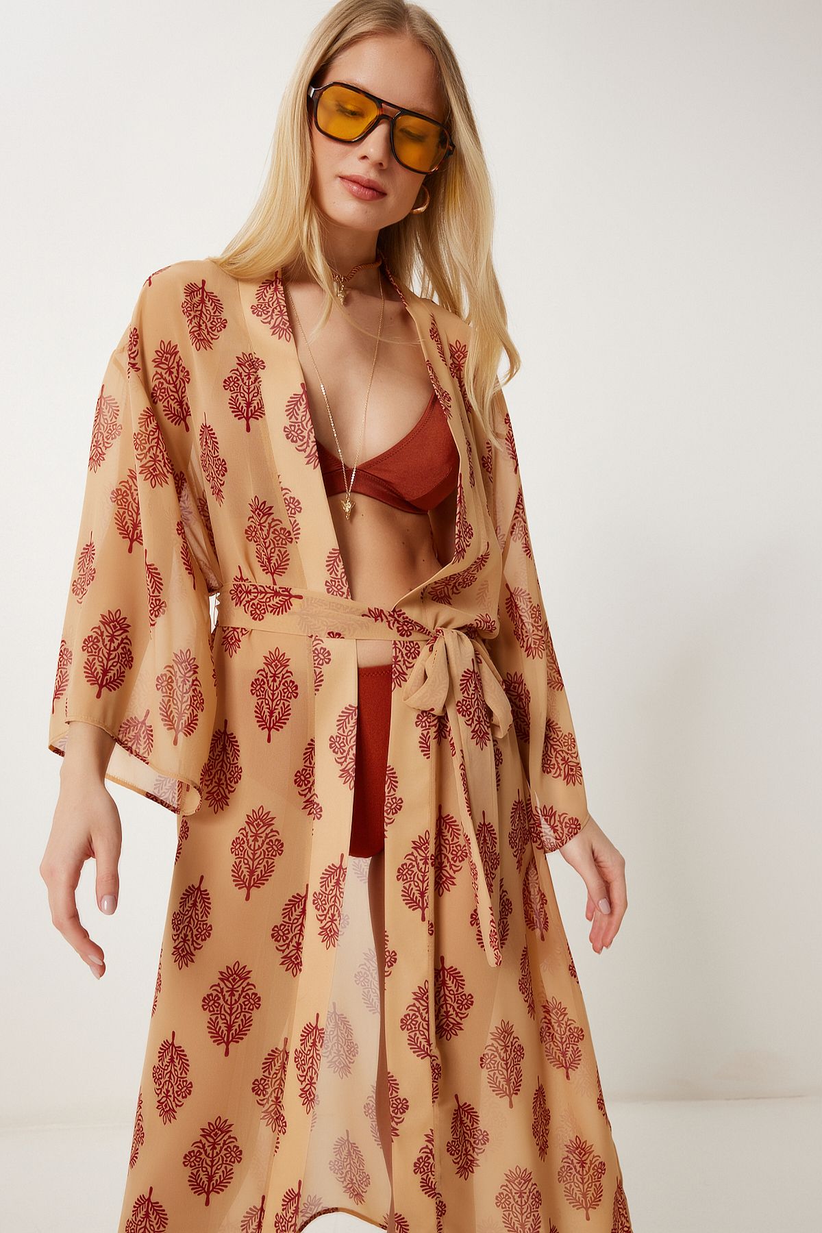 Kadın Karamel Desenli Kuşaklı Şifon Kimono FG00021