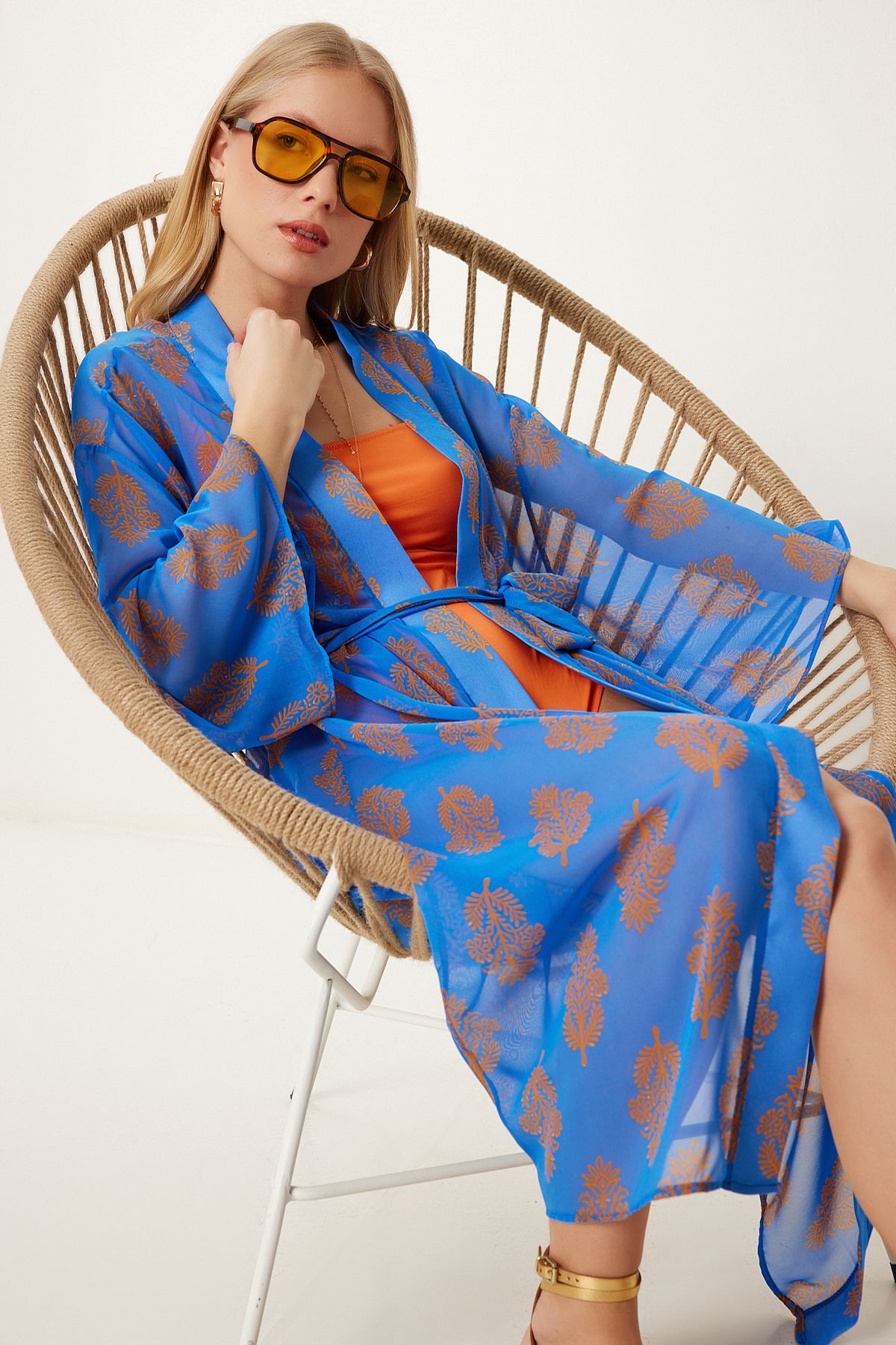 Kadın Koyu Mavi Desenli Kuşaklı Şifon Kimono FG00021