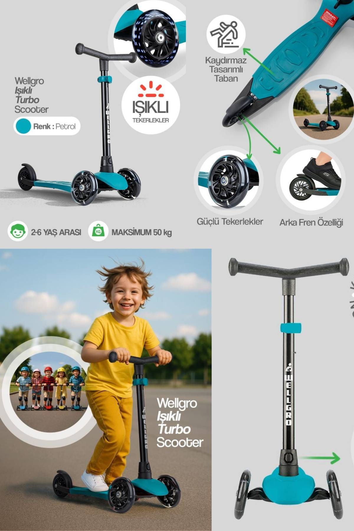 Işıklı Scooter, Ayarlanabilir yükseklik, Ön Tekerleri Işıklı Çocuk Scooter, Yeşil