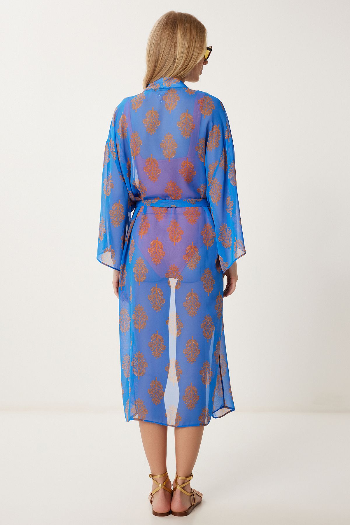 Kadın Koyu Mavi Desenli Kuşaklı Şifon Kimono FG00021