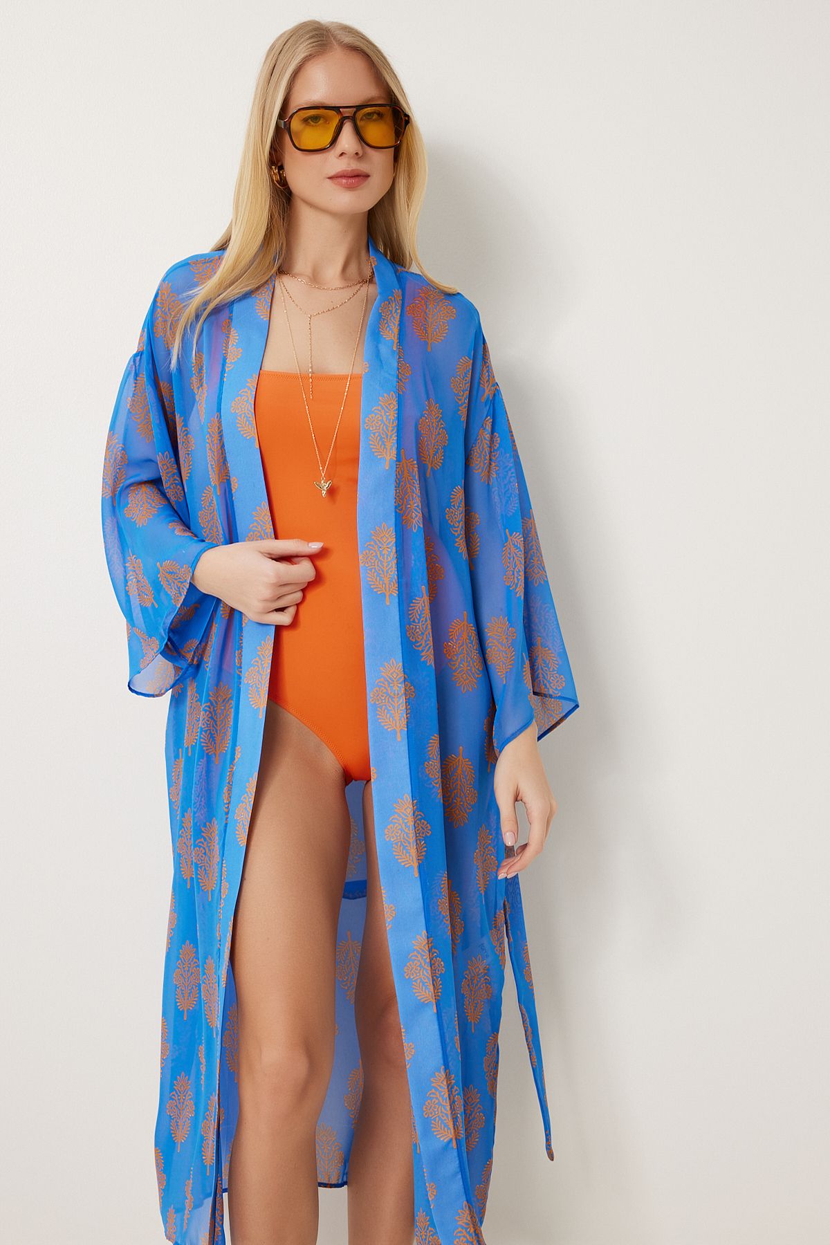 Kadın Koyu Mavi Desenli Kuşaklı Şifon Kimono FG00021