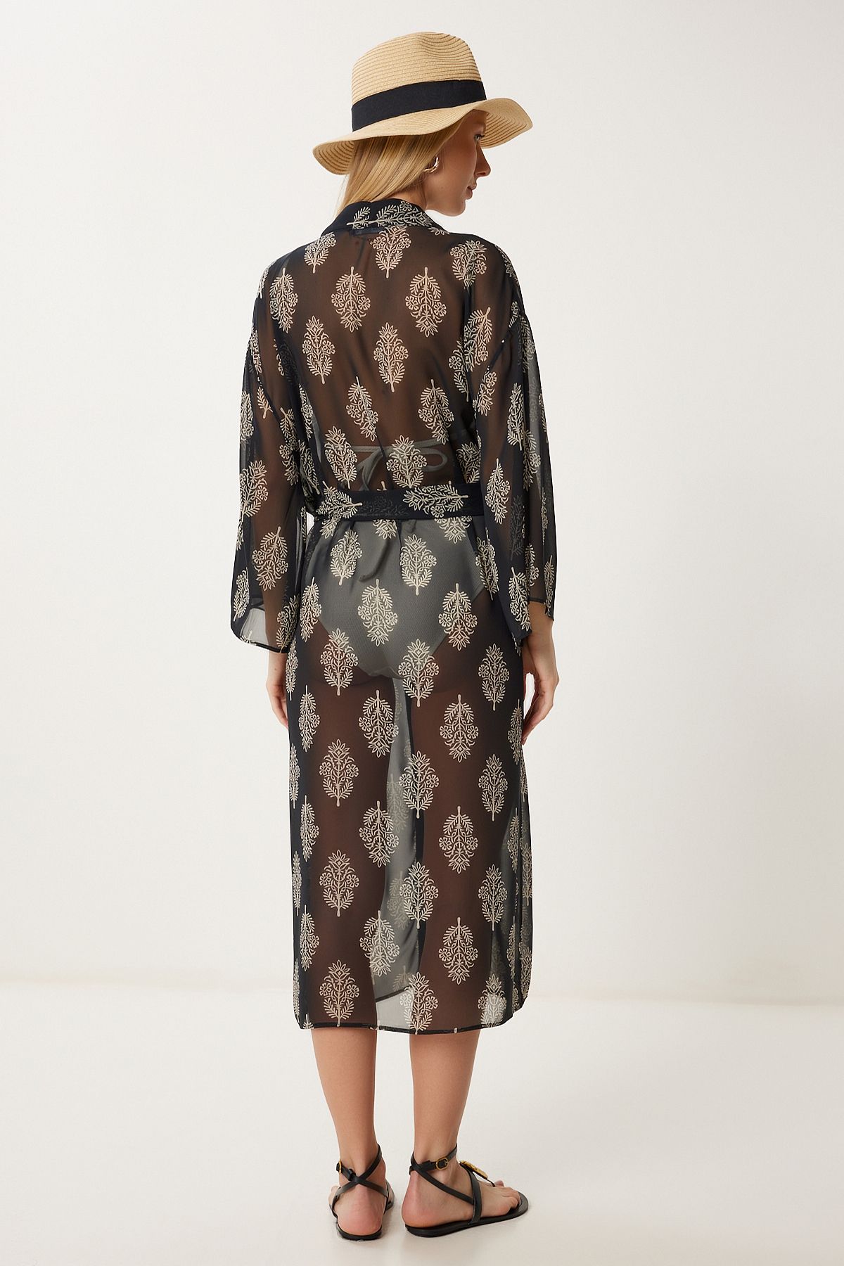 Kadın Siyah Desenli Kuşaklı Şifon Kimono FG00021