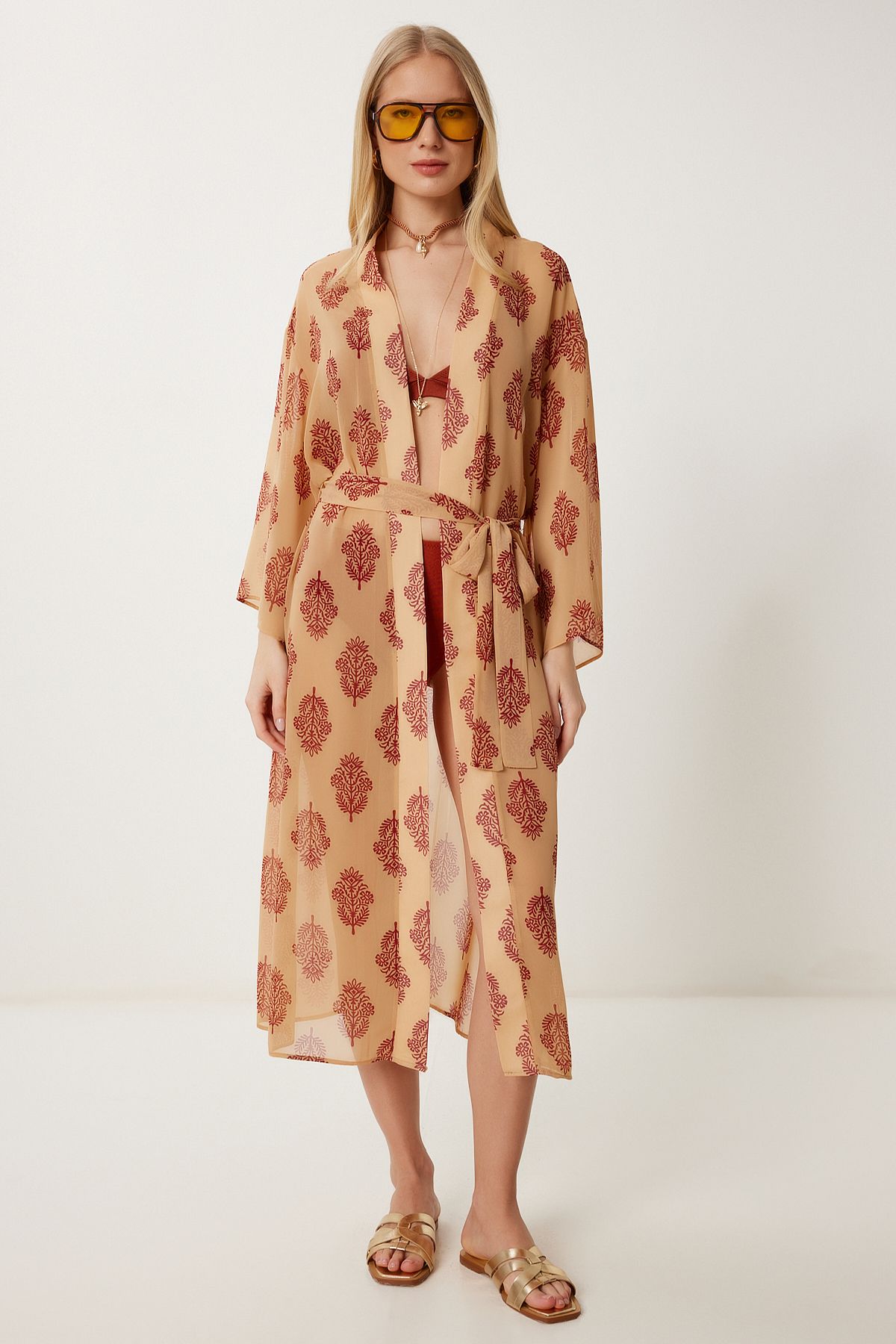 Happiness İstanbul Kadın Karamel Desenli Kuşaklı Şifon Kimono FG00021