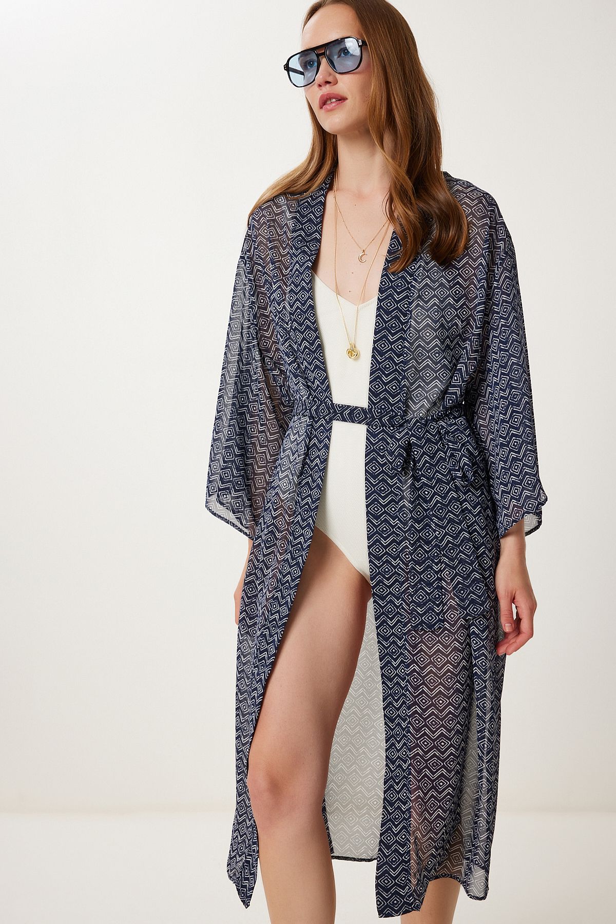 Kadın Lacivert Beyaz Desenli Kuşaklı Şifon Kimono FG00021