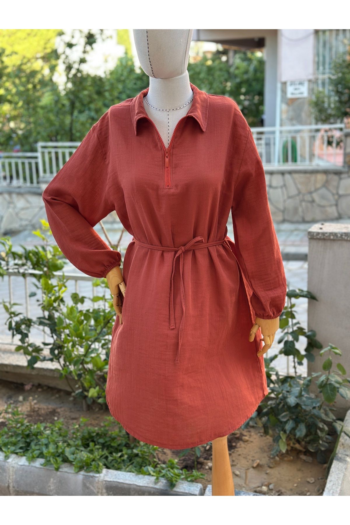 Paseam Atelier Kadın Müslin Kumaş Kiremit Gömlek Elbise