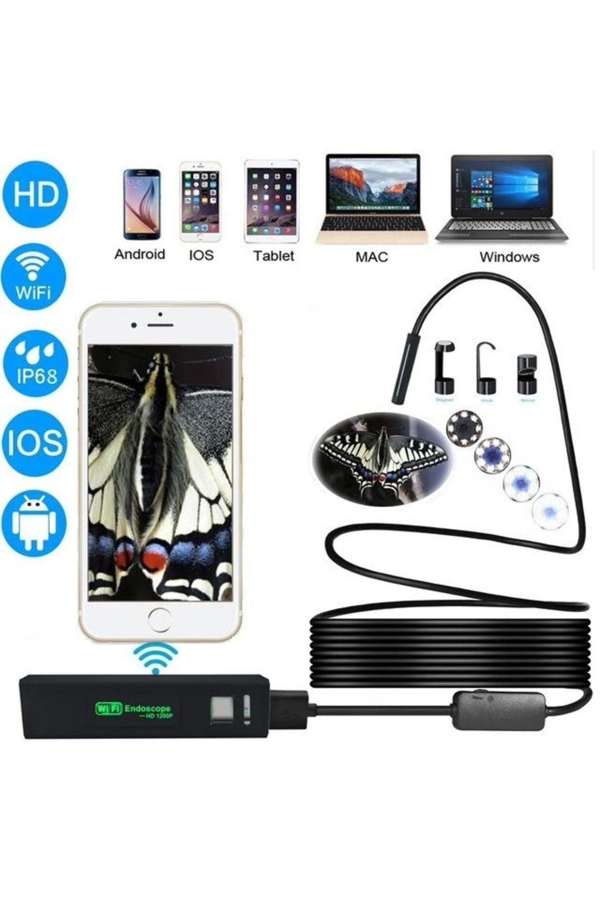 OurStyles WiFi Serisi Endoskop Boroskop Yılan Kamera – Sert Kablo 10 MT