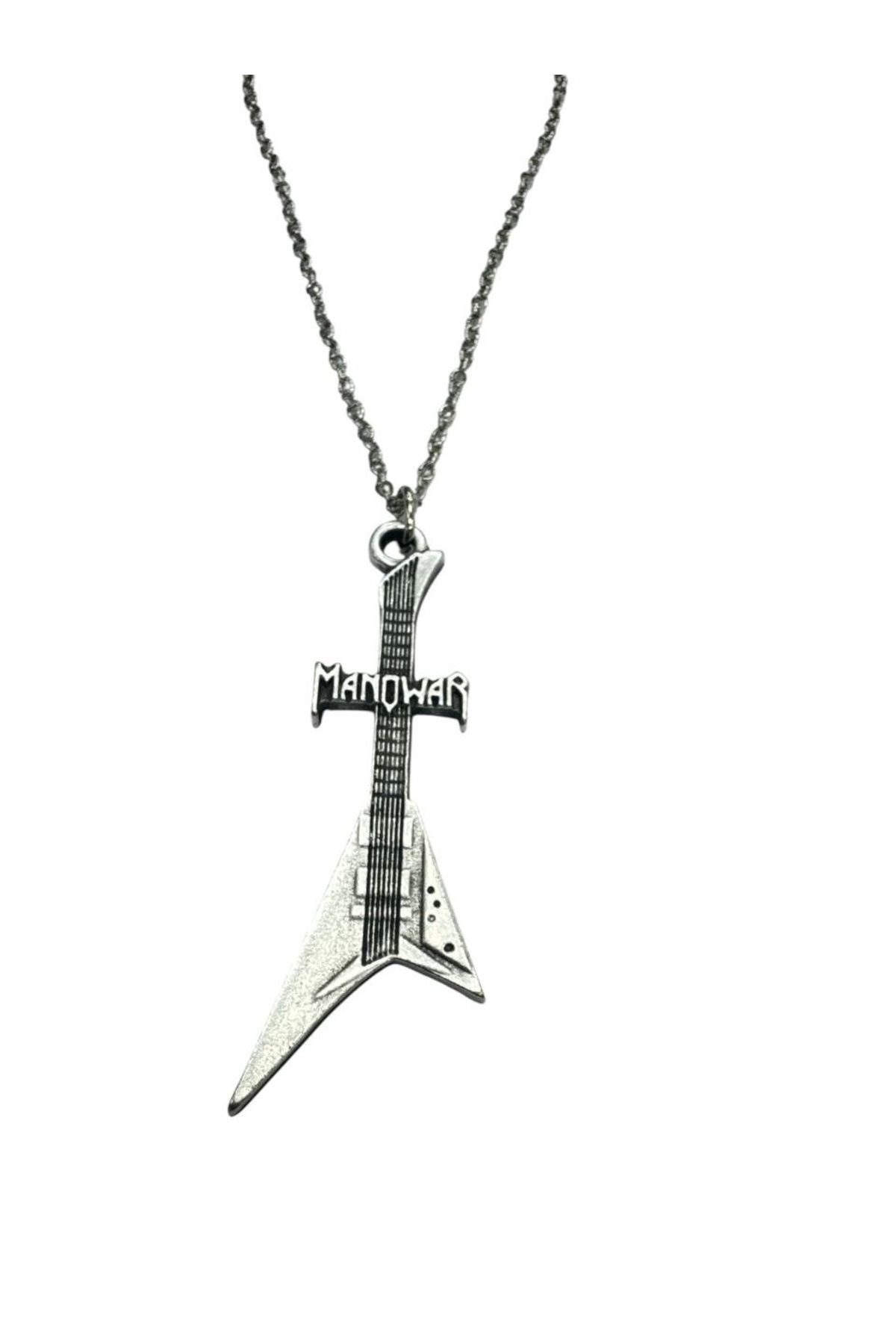 Herşey Nota Manowar Elektro Gitar Kolye – Metal Zamak Kaplama, 60 cm Zincirli Rock Aksesuar
