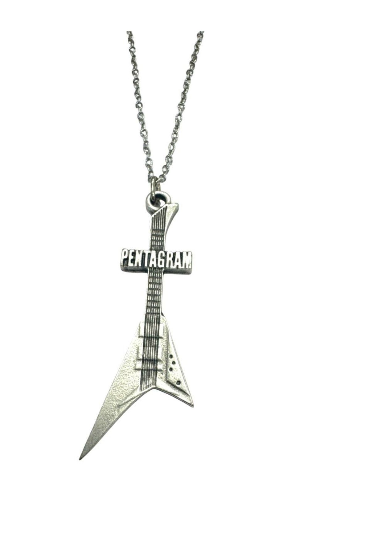 Herşey Nota Pentagram Temalı Elektro Gitar Metal Kolye – 60 cm Zincirli Rock Tarz Aksesuar