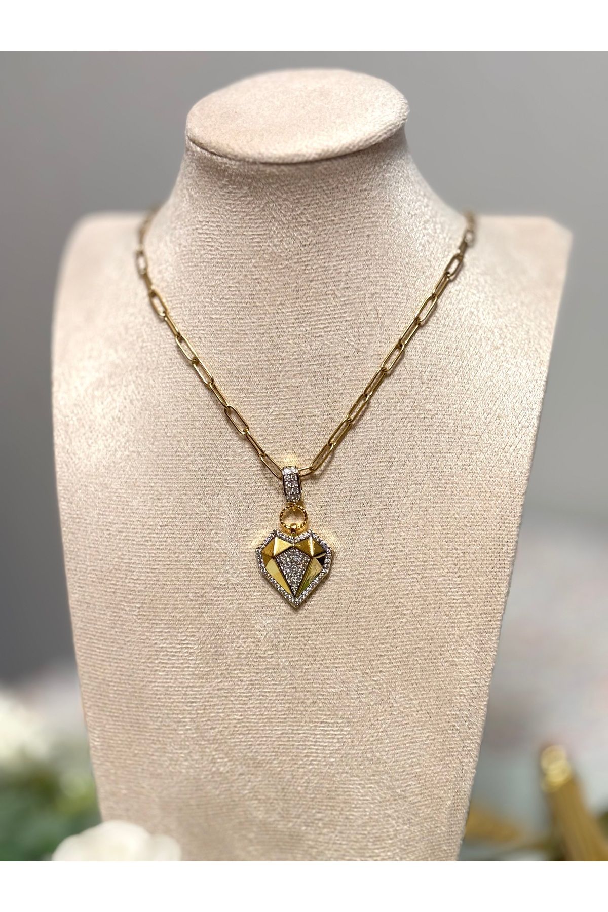 RUBİNO JEWELRY VİP SERİ ÇELİK GOLD ZİNCİR TAŞLI KALP KOLYE