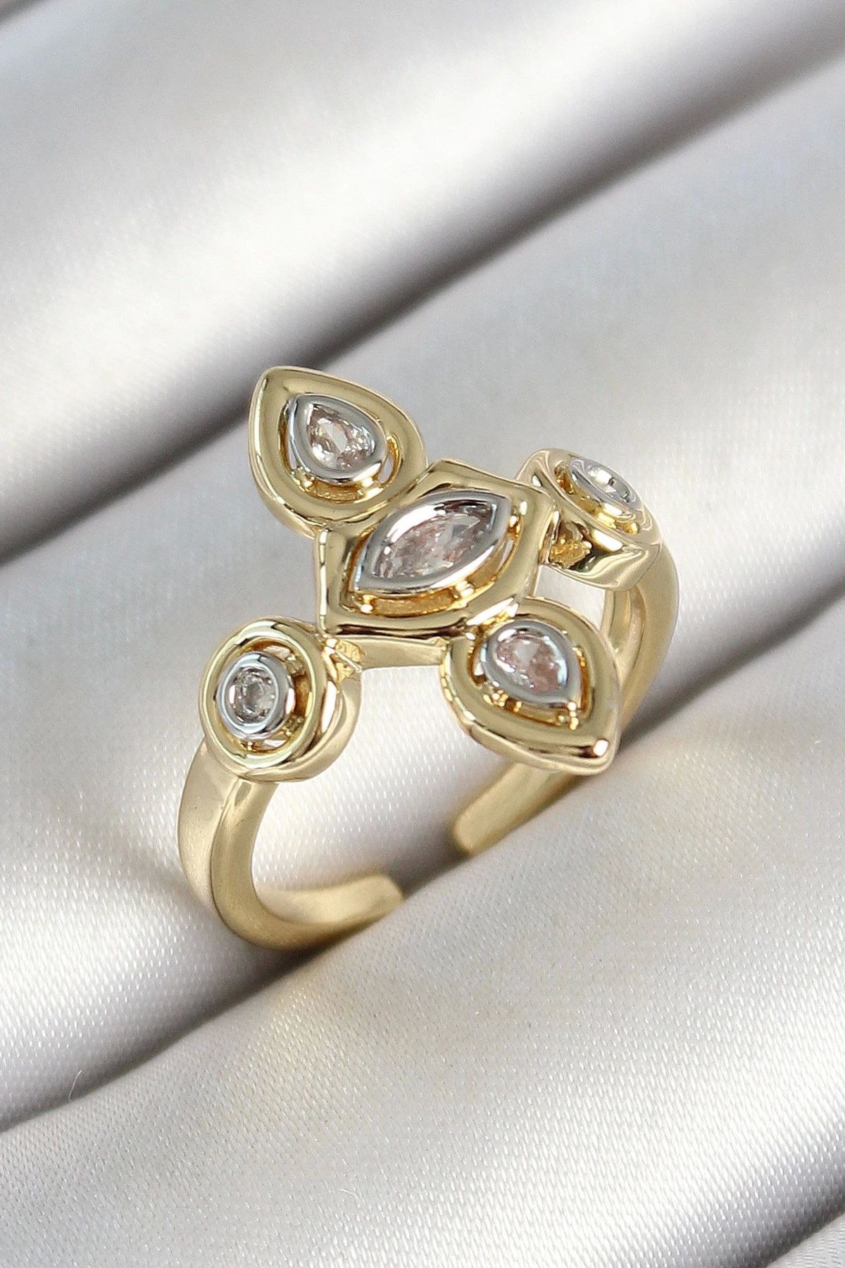 GLIMMERY Pirinç Beş Taş Trend Figür Zirkon Taşlı Gold Renk Ayarlanabilir Kadın Yüzük