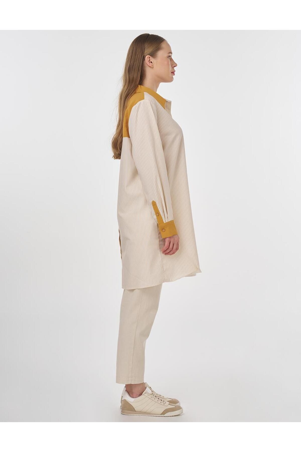 Kayra-Stripe Pattern Garnished Tunic Saffron 6