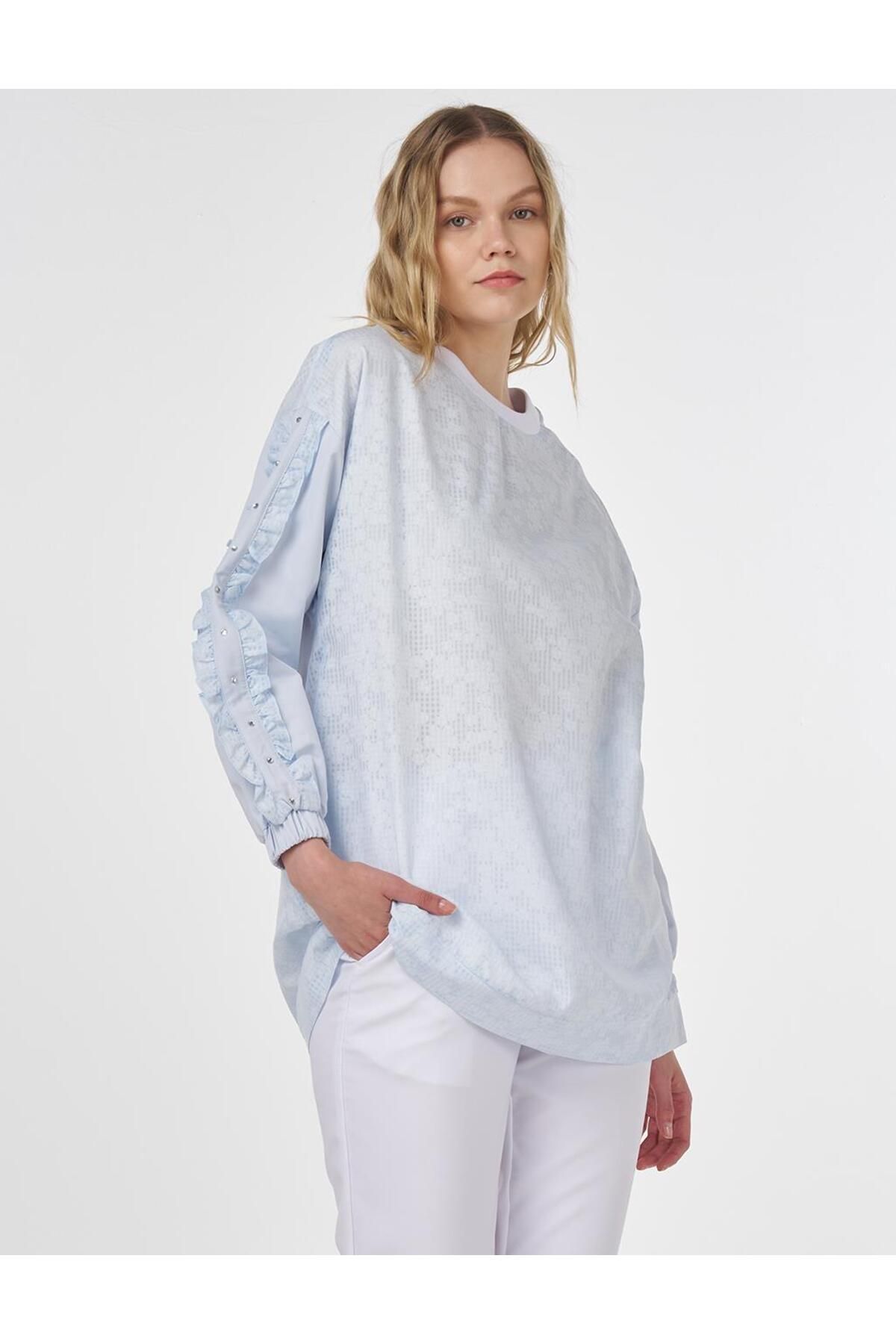 Kayra Floral Desenli Fırfırlı Sweatshirt Mavi