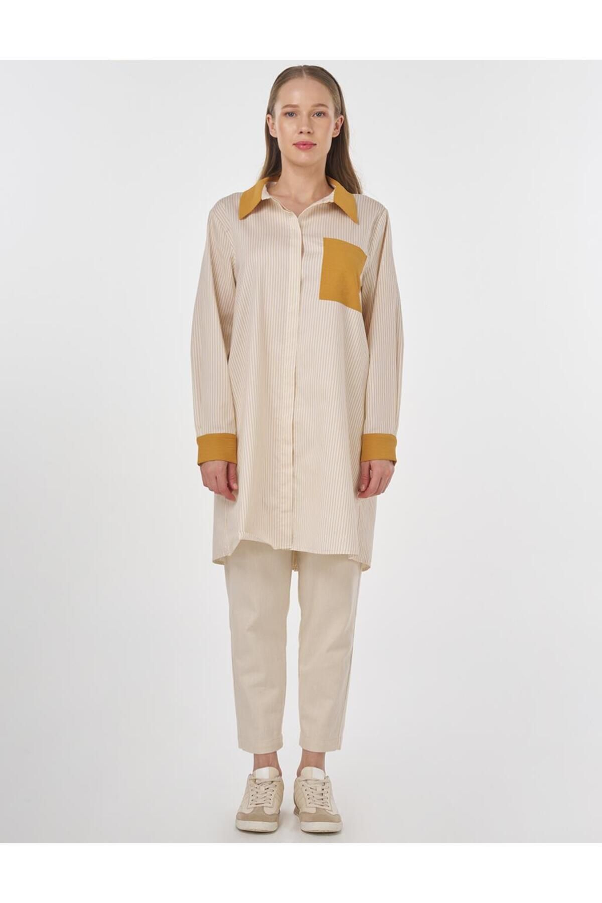 Kayra-Stripe Pattern Garnished Tunic Saffron 3