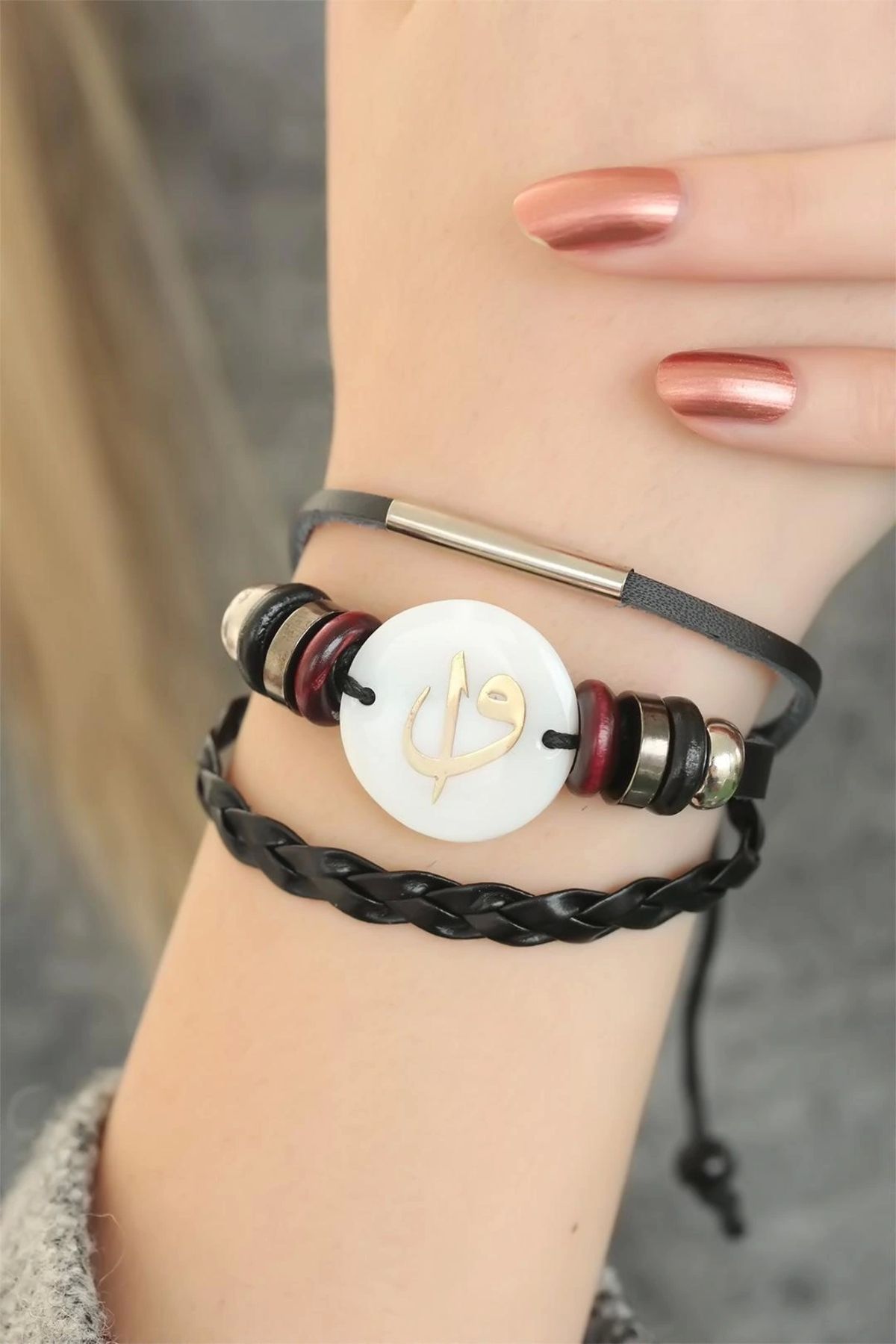 OurStyles Siyah Renk Elif Vav Tasarım Çoklu Deri Bileklik - TJ-BB2697-KS