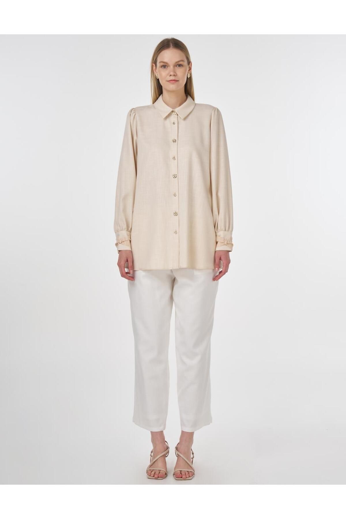 Kayra-Shiny Buttoned Viscose Tunic Cream 3