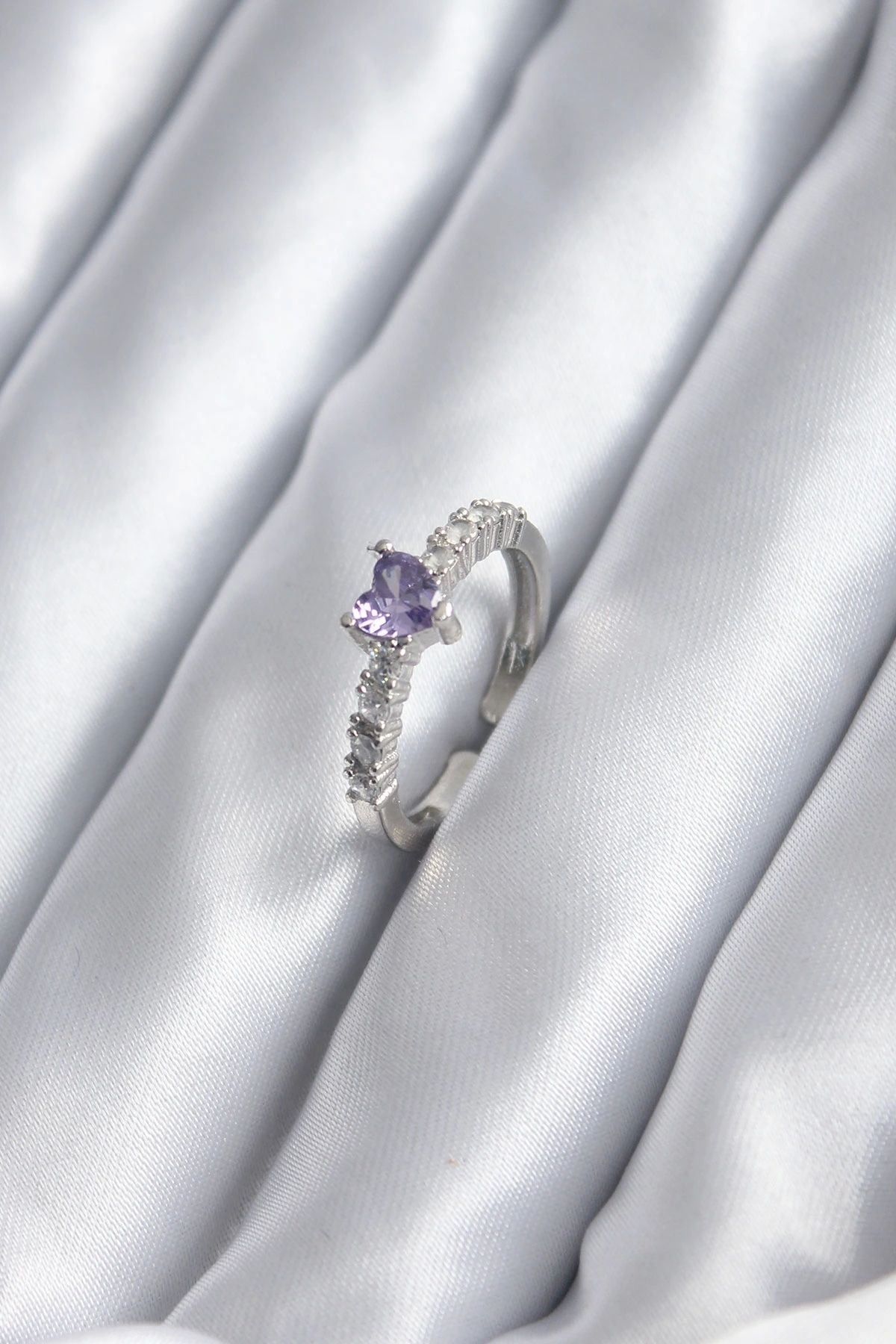 OurStyles Gümüş Renk Zirkon Taşlı Mor Kristal Kalp Model Kadın Yüzük - TJ-BYK2849