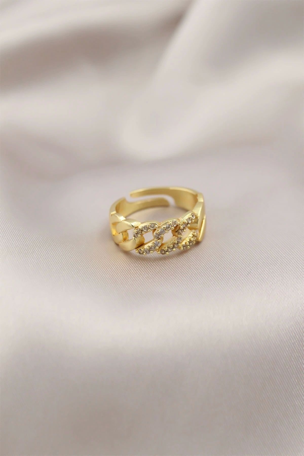 OurStyles Gold Renk Metal Zincir Model Taşlı Kadın Yüzük - TJ-BYK2201