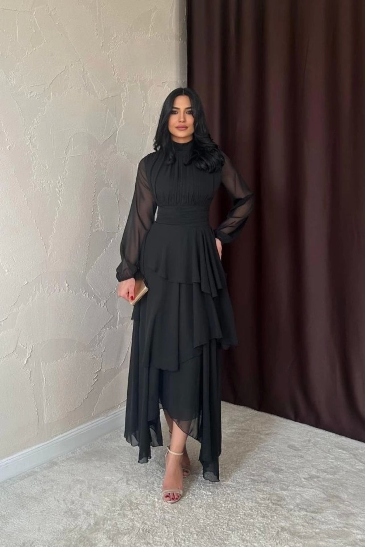 nedo7 Siyah Bel Detaylı Elbise
