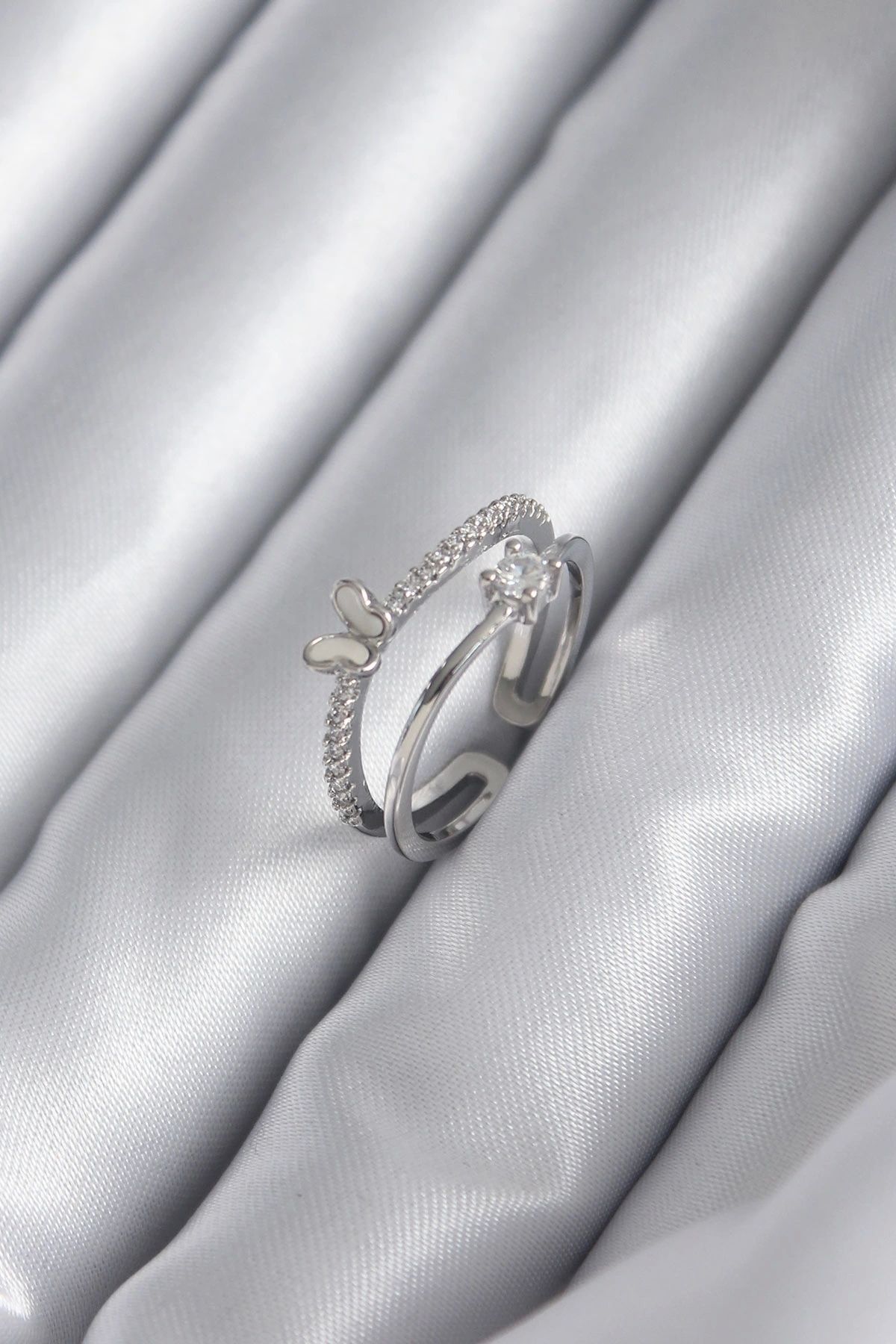 OurStyles Pirinç Gümüş Renk Zirkon Taşlı Kelebek Model Kadın Yüzük - TJ-BYK2932