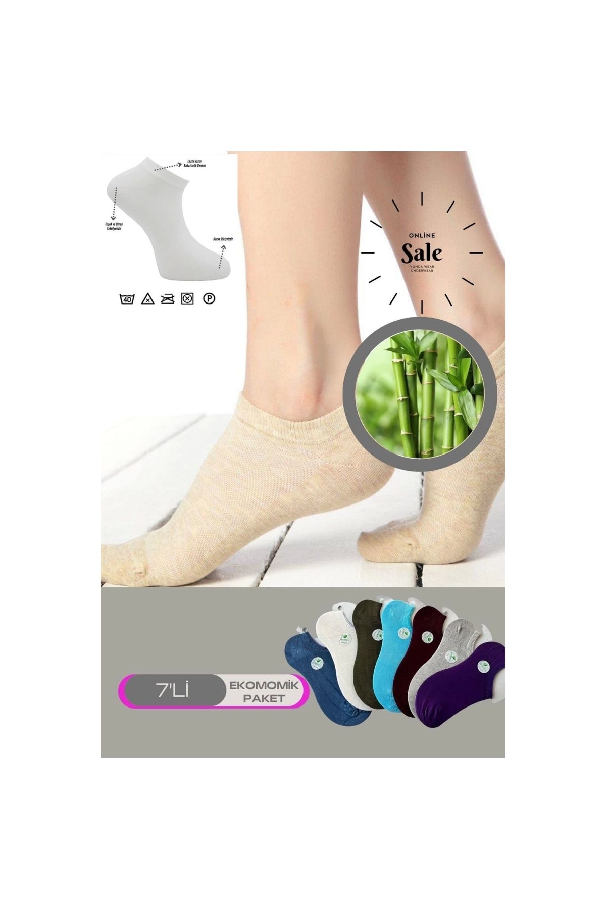 Narnuga MİRAXX Çok Rekli 7 li Bambu Topuk Burun Dikişsiz Takviyeli Kadın Sneakers Çorap 1005-ÇokRekli-7li