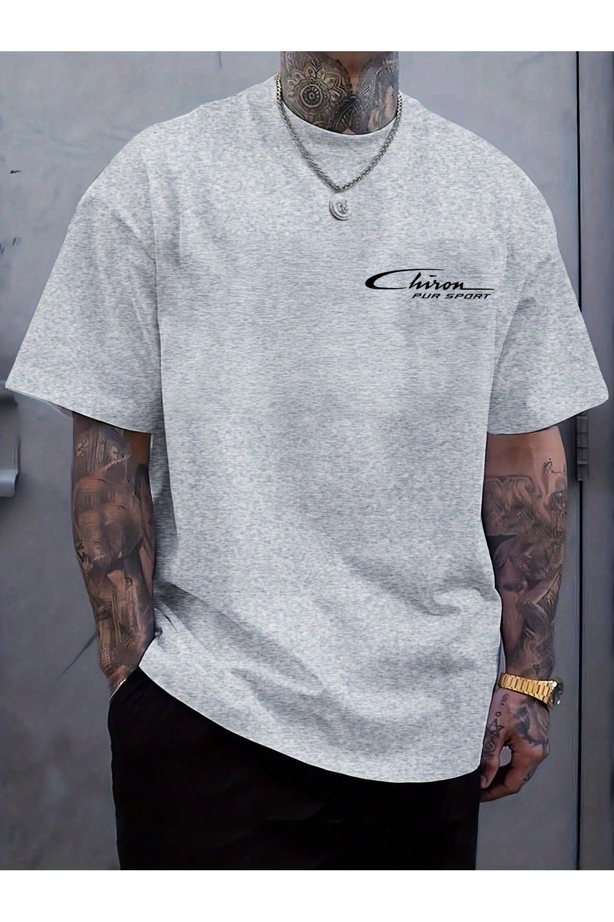 EFFRENATU Chiron Per Sport Baskılı Pamuklu Kumaş Bisiklet Yaka Gri Kısa Kol Erkek T-shirt