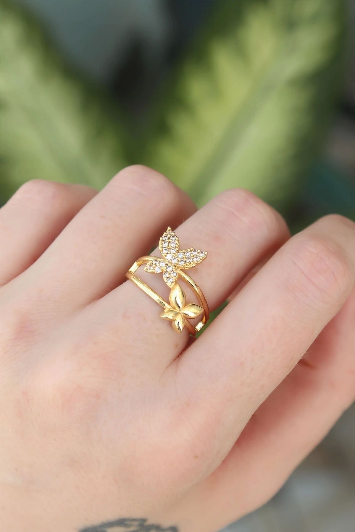OurStyles Pirinç Gold Renk Ayarlanabilir Zirkon Taşlı Kelebek Yüzük - TJ-BYK3190