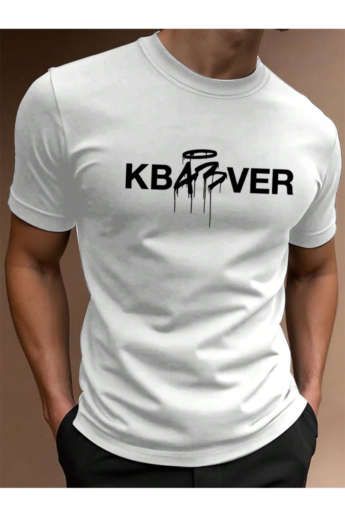 EFFRENATU KBABVER Baskılı Pamuklu Kumaş Bisiklet Yaka Beyaz Kısa Kol Erkek T-shirt
